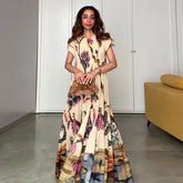 LIZAKOSHT  -  Loose Print Tube Long Dress For Women O-neck Short Sleeve Draped Casual Robe 2025 Summer Elegant Female Evening Party Dresses